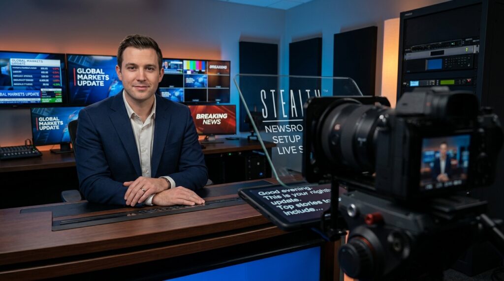 News anchor in a studio uses a teleprompter for a one-person newsroom setup.
