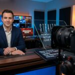 News anchor in a studio uses a teleprompter for a one-person newsroom setup.