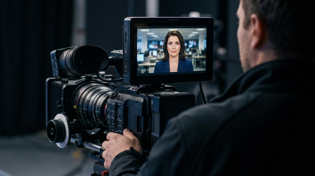 TV news camera filming anchorwoman, demonstrating camera height and angle for broadcast