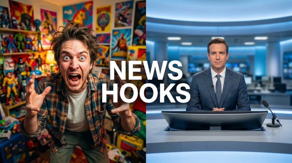 News Hooks: Man yelling in messy room vs. anchor in studio
