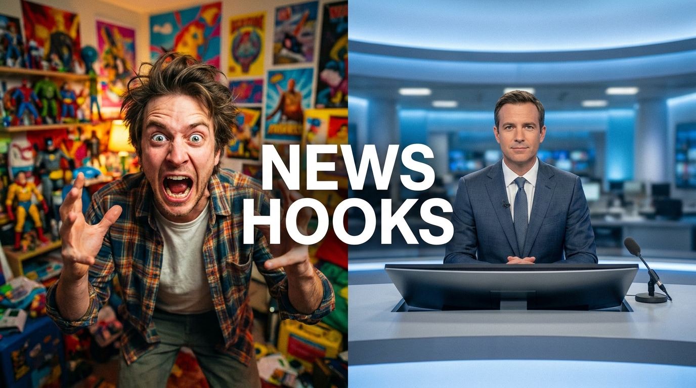 News Hooks: Man yelling in messy room vs. anchor in studio