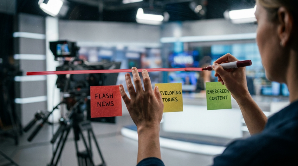 Woman plans YouTube news content with sticky notes on glass.