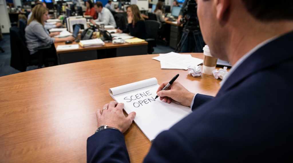 News producer writes "SCENE OPEN" on notepad, a cold open formula.