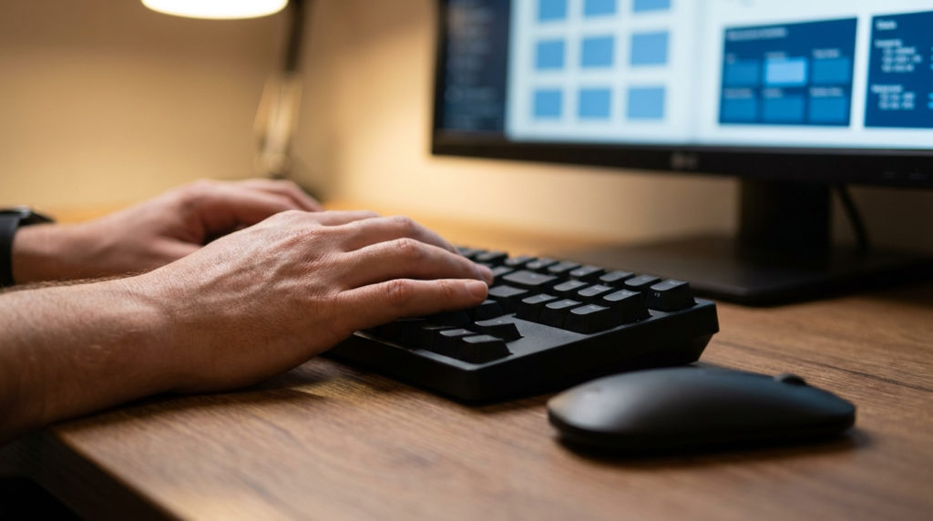 Hands typing on a keyboard in front of a computer screen displaying charts, for solo broadcasters.