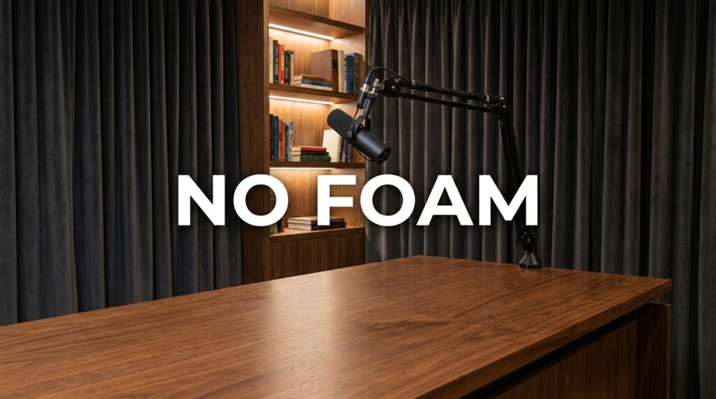 Podcast studio with desk, microphone, and bookshelf; text "NO FOAM" overlays.