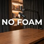 Podcast studio with desk, microphone, and bookshelf; text "NO FOAM" overlays.