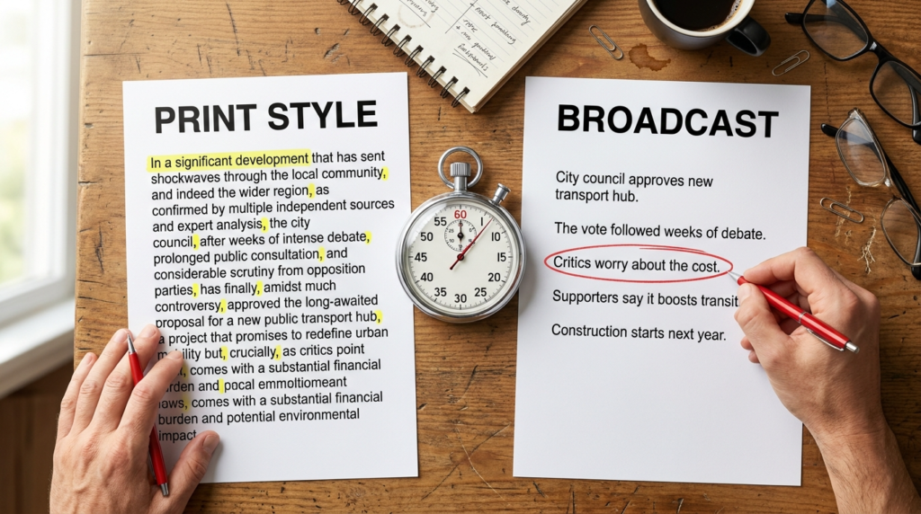 Print vs. Broadcast writing styles: City council approves new transport hub.