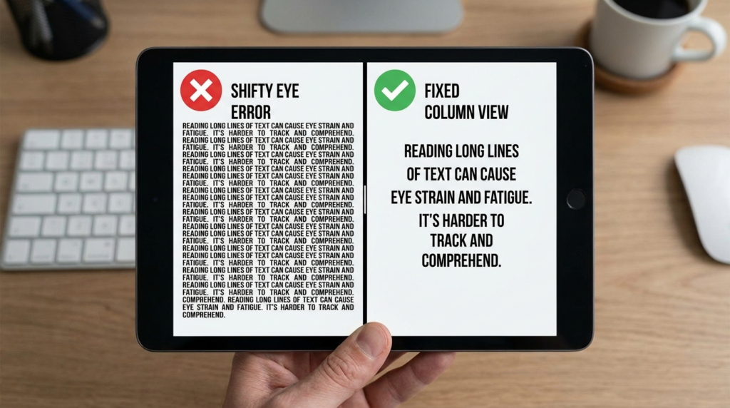 Tablet comparing "Shifty Eye Error" with long text lines to "Fixed Column View" for easier reading.