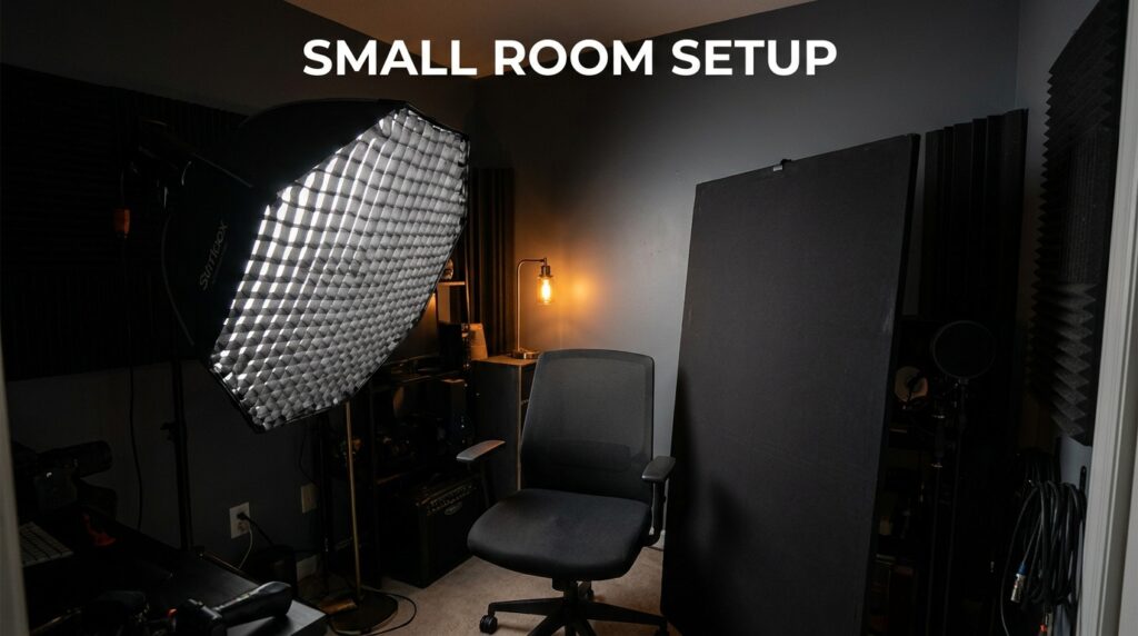 Small room setup for live news ticker with studio lighting and acoustic panels