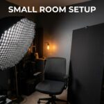 Small room setup for live news ticker with studio lighting and acoustic panels