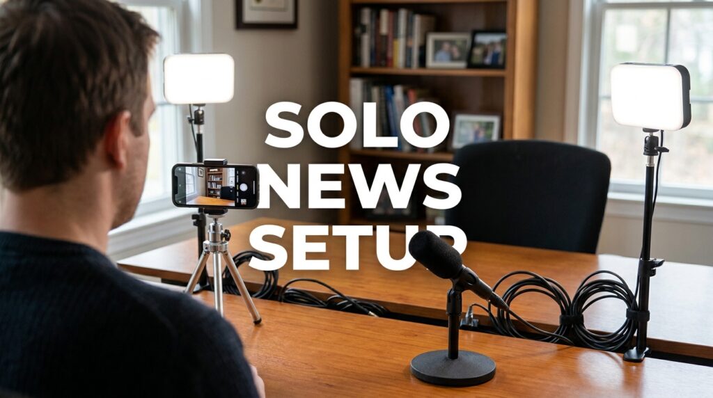 Solo news setup: smartphone, microphone, and lights for YouTube news