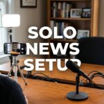 Solo news setup: smartphone, microphone, and lights for YouTube news