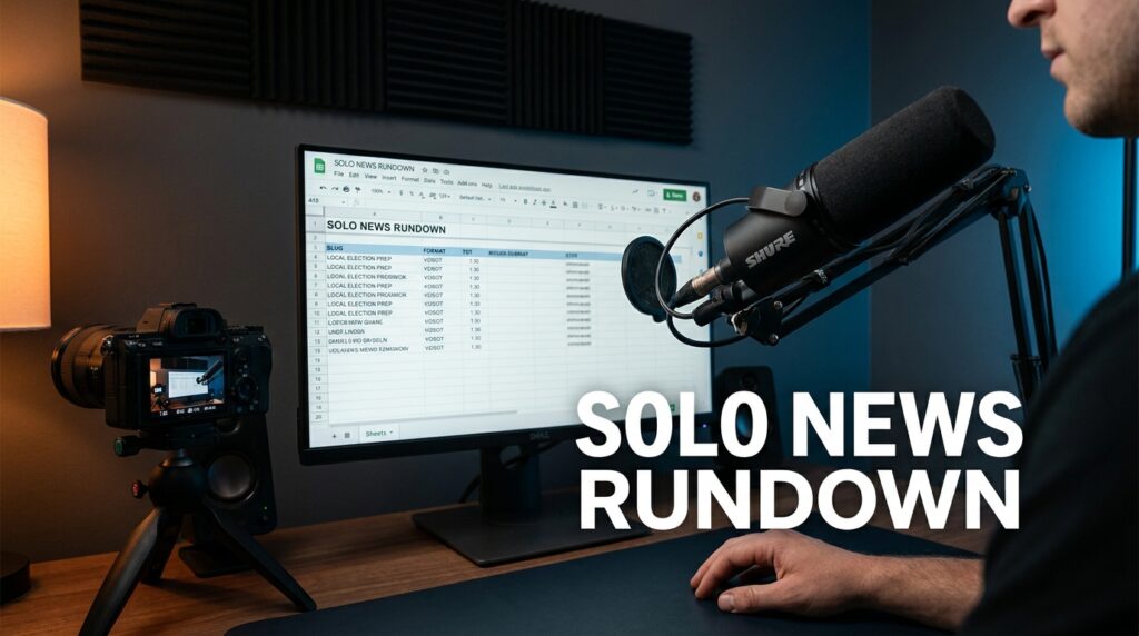 Solo news rundown spreadsheet on computer screen with microphone and camera