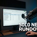 Solo news rundown spreadsheet on computer screen with microphone and camera