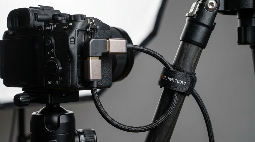 Sony camera connected to tripod with Tether Tools cable management