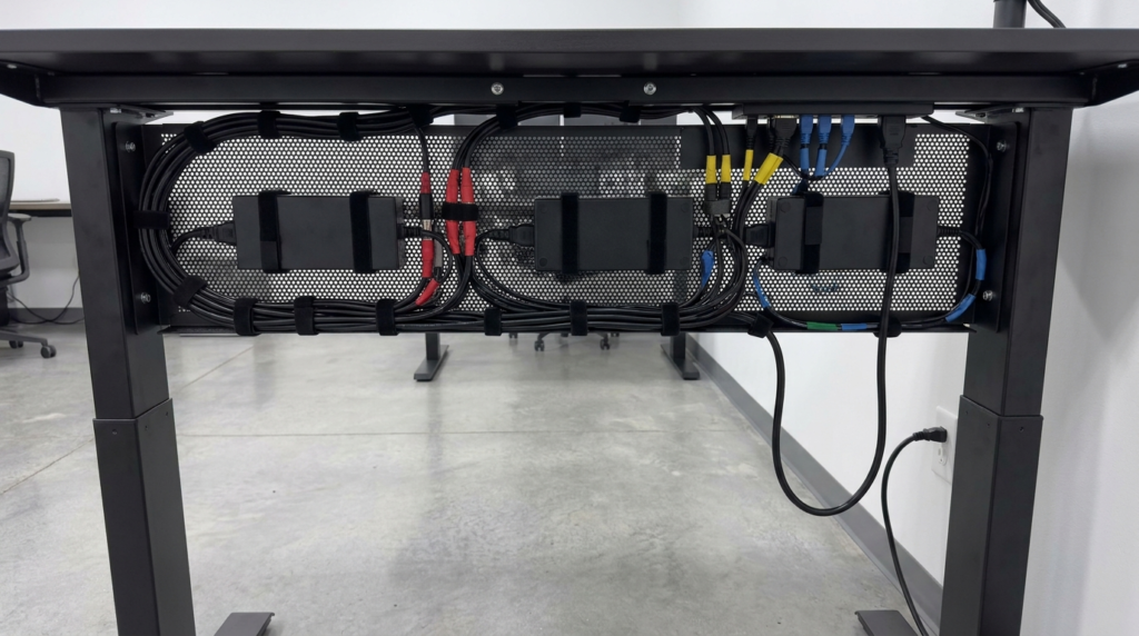 Organized cable management system under a standing desk for a live broadcast setup.