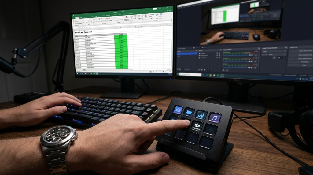 Broadcast rundown spreadsheet on computer screen, with Elgato Stream Deck and keyboard