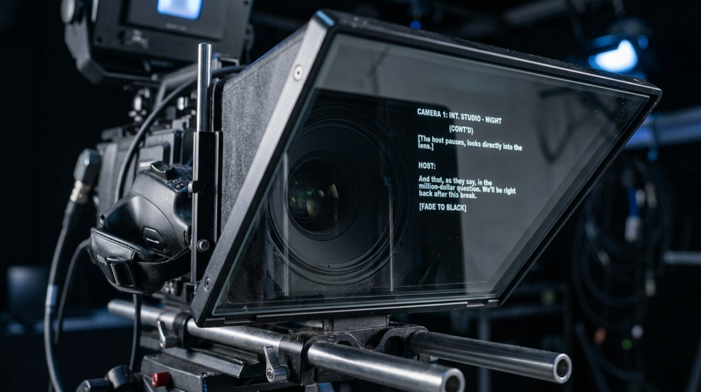 TV studio camera with teleprompter displaying script for news anchor