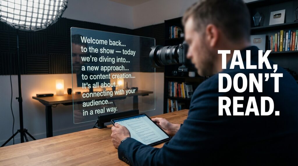 Teleprompter with script for content creation, "Talk, Don't Read" overlay.