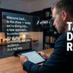 Teleprompter with script for content creation, "Talk, Don't Read" overlay.
