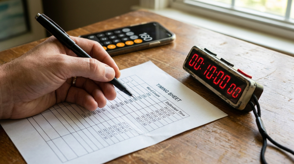 Hand marking a timing sheet with a pen next to a stopwatch and calculator for a 10-minute show.