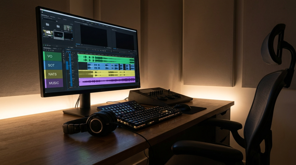 Video editing setup: Premiere Pro timeline with VO, SOT, NATS, MUSIC tracks