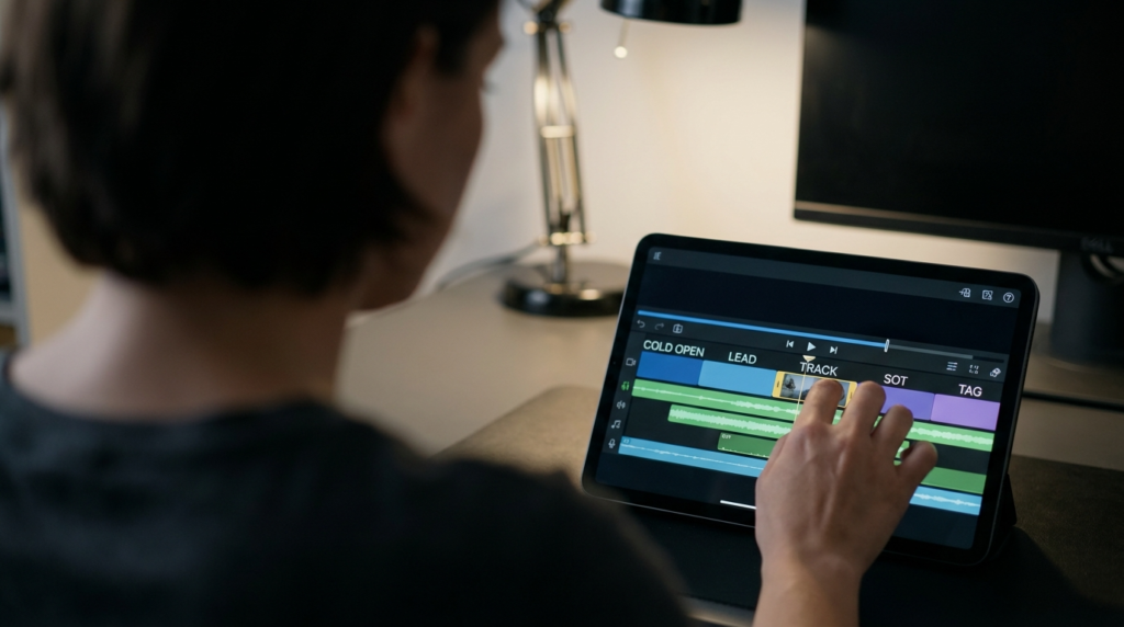 Person editing video on tablet, showing timeline with tracks and clips