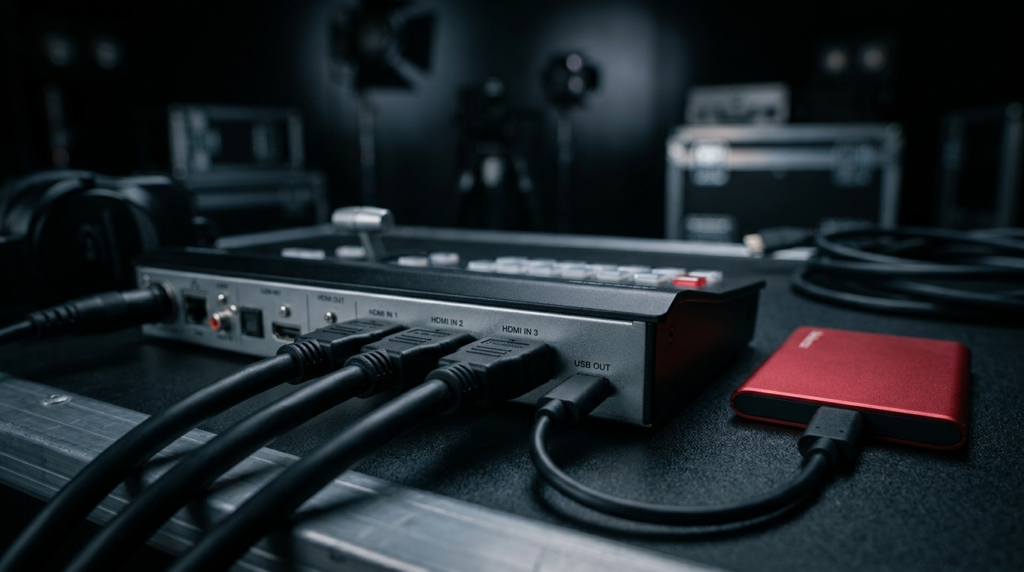 ATEM Mini Pro connected to HDMI inputs and red SSD for live streaming