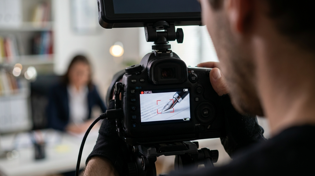 Filming b-roll for a solo newsroom strategy: close-up on camera screen showing a pen