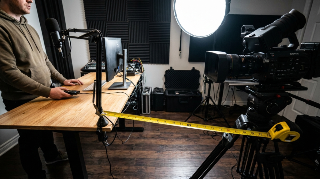 Man setting up a teleprompter rig for a one-person newsroom.