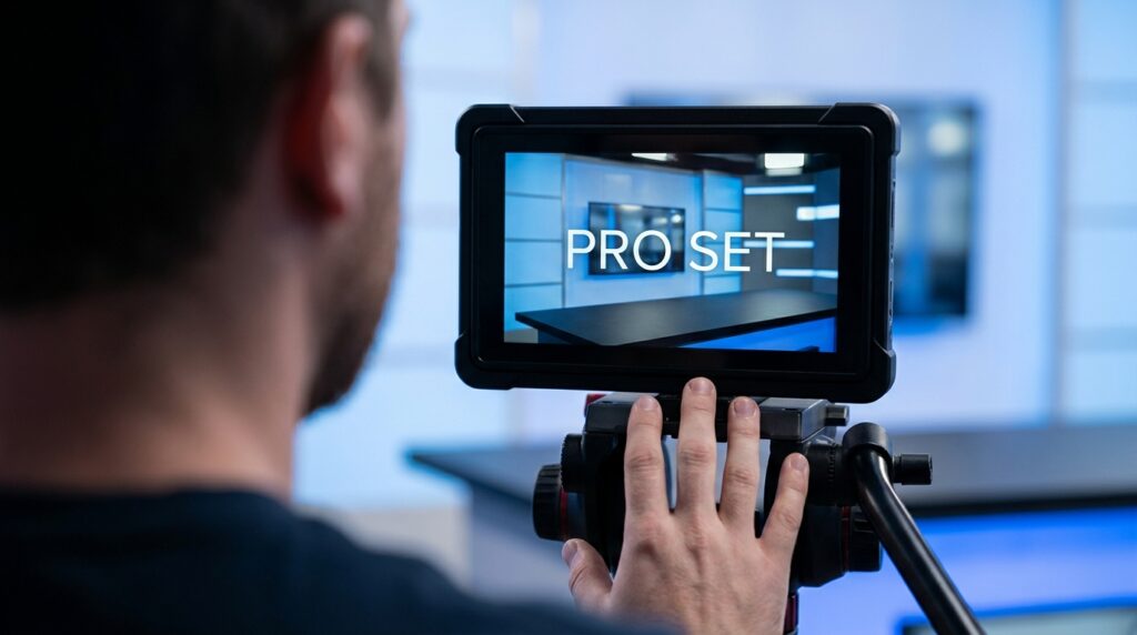 Pro Set monitor displays a modern news studio set, as a person films it.