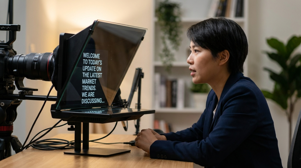 Woman using a teleprompter to present a 90-second news story update.