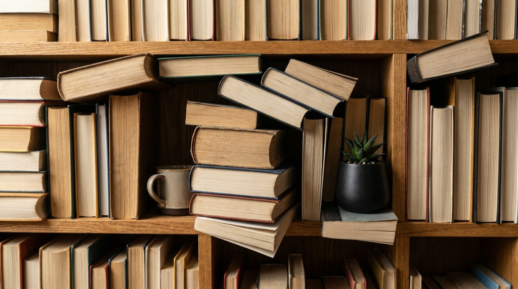 Bookshelves filled with books, a mug, and a potted plant.